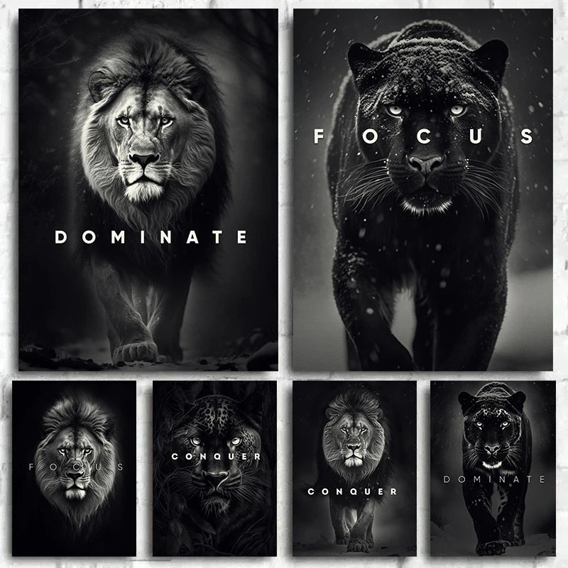 Animal Motivation Poster Panther Lion Motivational Canvas Posters Prints Canvas Painting Focus Conquer Fearless Mural Wall Decor