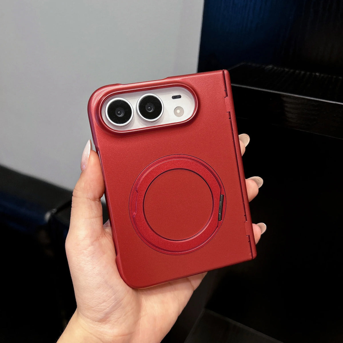 For iPhone 18 DUO Magnetic 360 Bracket Case for iPhone DUO 18 Fold Metallic Paint Spring Axis Protection Wireless Charging Cover