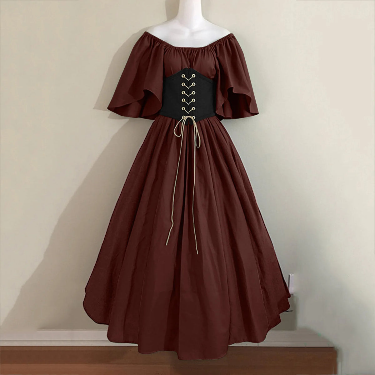 Women Patchwork Medieval Renaissance Dress Halloween Gothic off Shoulder Retro Long Dress