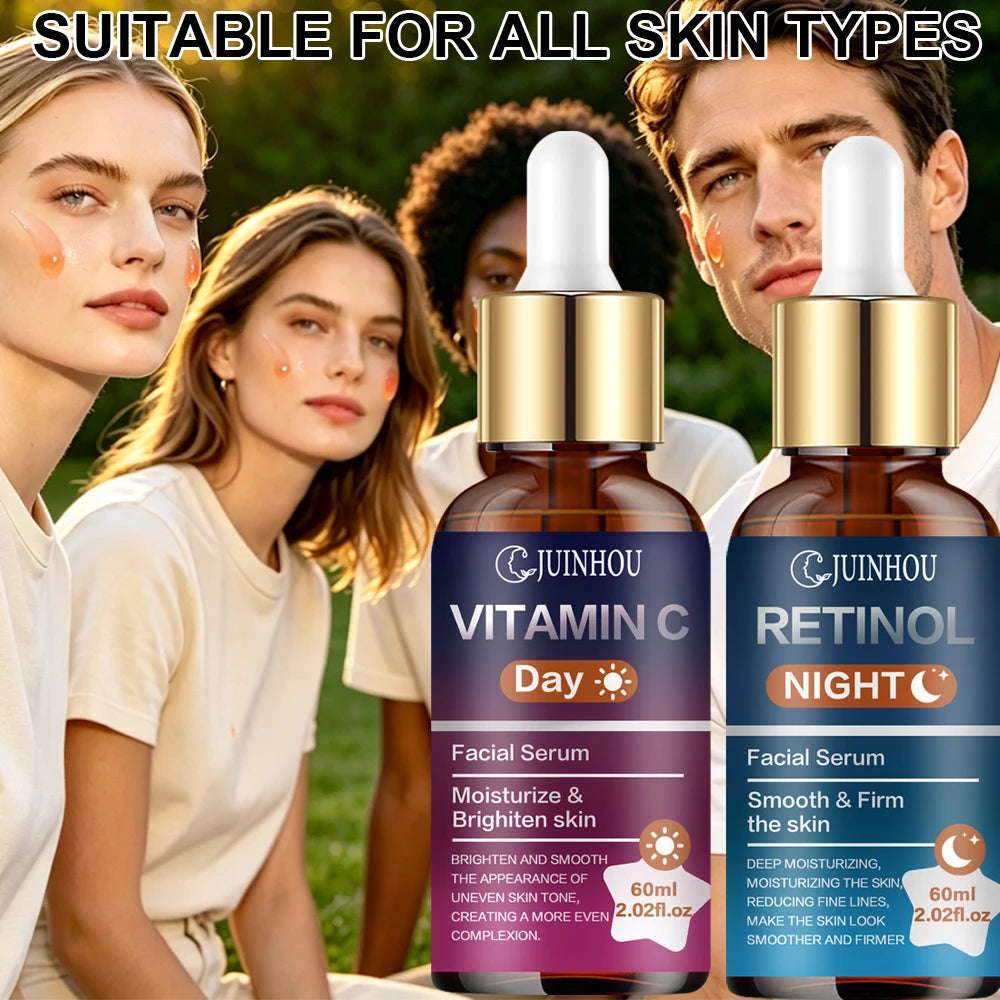 JUINHOU 2Pcs Day & Night Face Serum Set Vitamin C Retinol Hydrating Glowing Skin Make Skin Smoother And Firmer Daily Facial Care