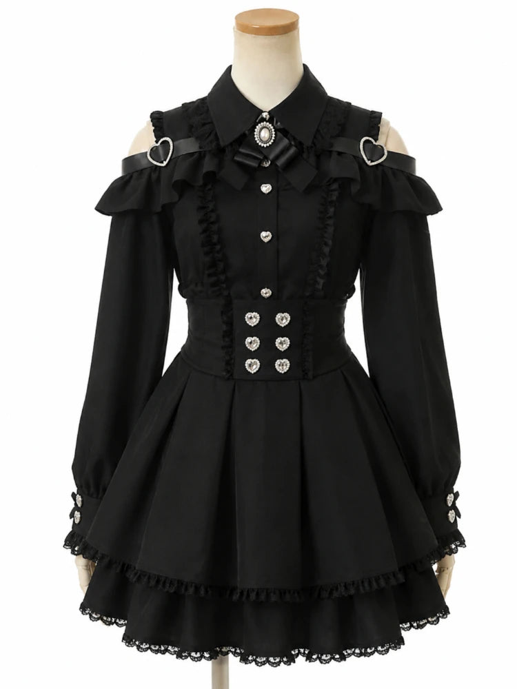 Y2k Aesthetic Lolita Style Bow Dress Shorts Set Japanese Women Gothic Lace Flare Sleeve Button Shirt Dress Punk Party Mini Dress