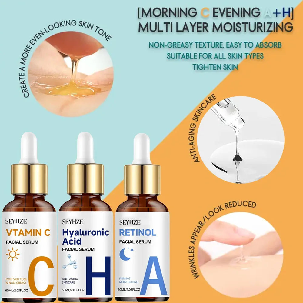 SEYHZE Day Night Vitamin C + Retinol + Hyaluronic Acid Essence Set with Collagen Aloe Vera Marshmallow 48hr Moisture Lock Skin B