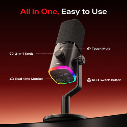 MAONO PD100W Wireless Dynamic Microphone Cardioid Dynamic Mic 50m Range One-Touch Noise Reduction RGB for Gaming Live Streaming