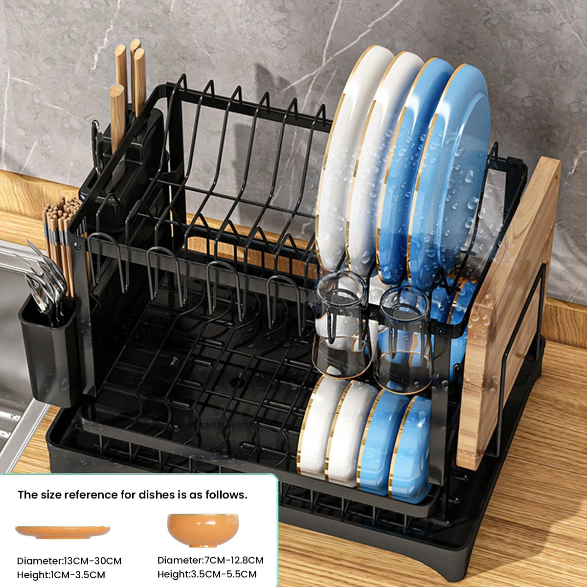 2 Tier Stainless Steel Dish Drying Rack With Drainboard Kitchen Tableware Storage Organizer