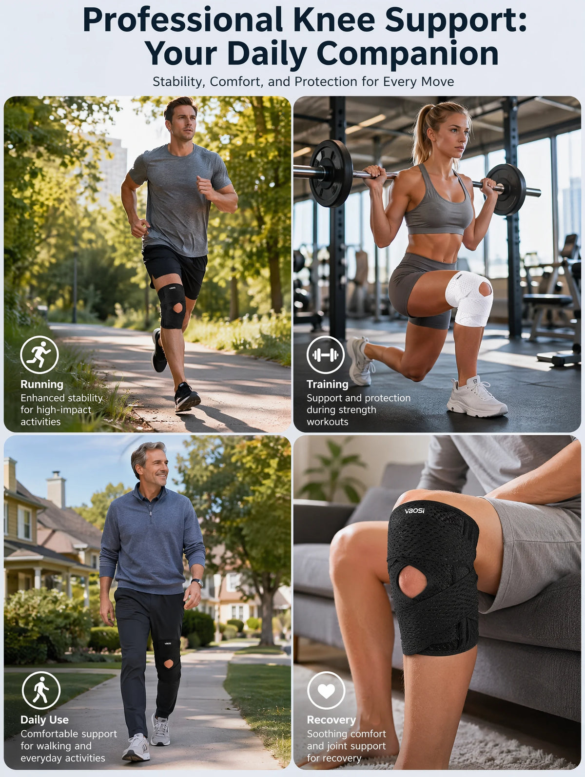 VBOSI Compression Knee Pad For Relieve Meniscal Tear Knee Pain Arthritis Joint Pain Relief Breathable Knee Support