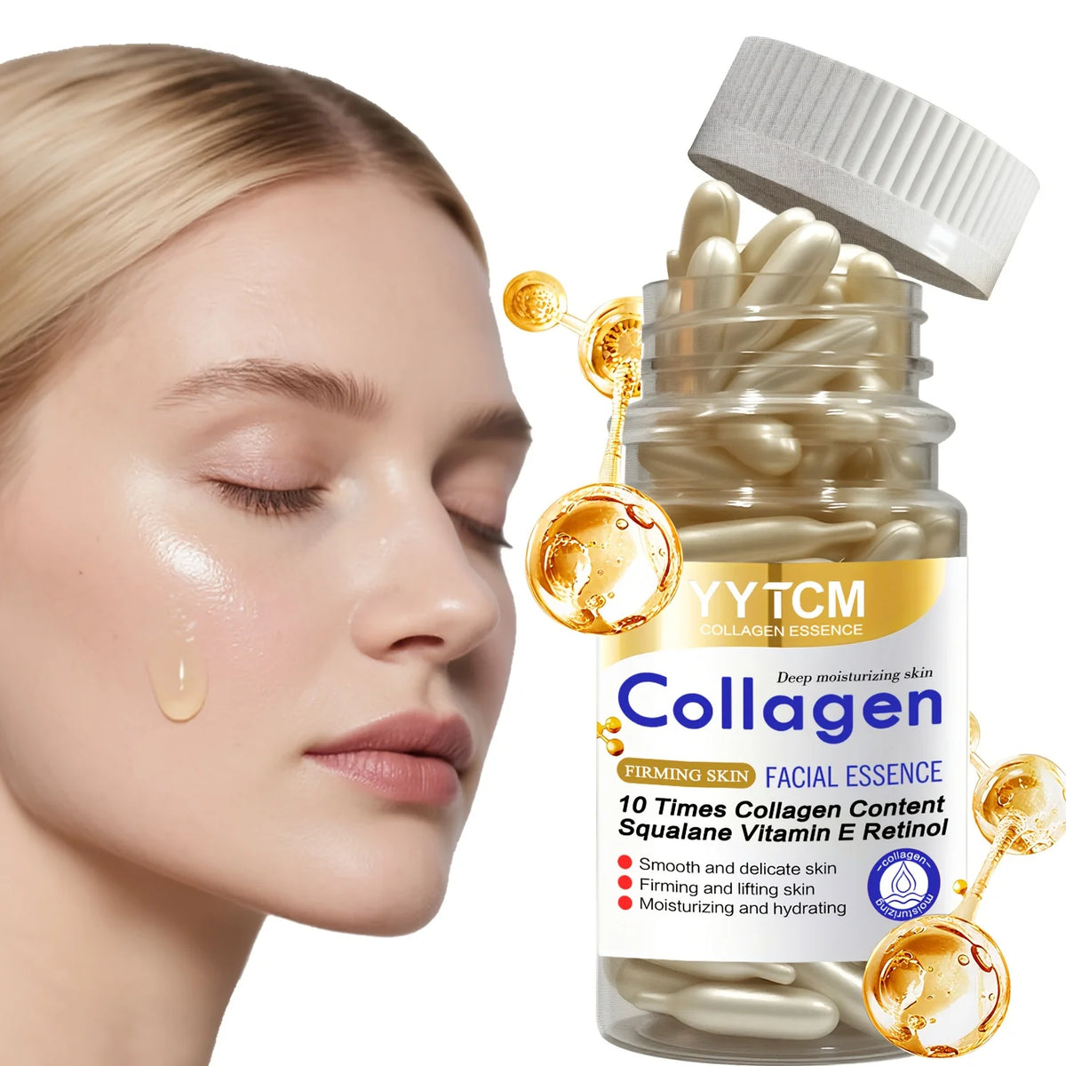 Collagen Firming Capsule Essence, Moisturizing and Smoothing the Skin, Contains Plant-Based Squalane, Retinol, and Vitamin E Deep Hydration Essence (0.4Gx90 Capsules)/Bottle-1 Bottle
