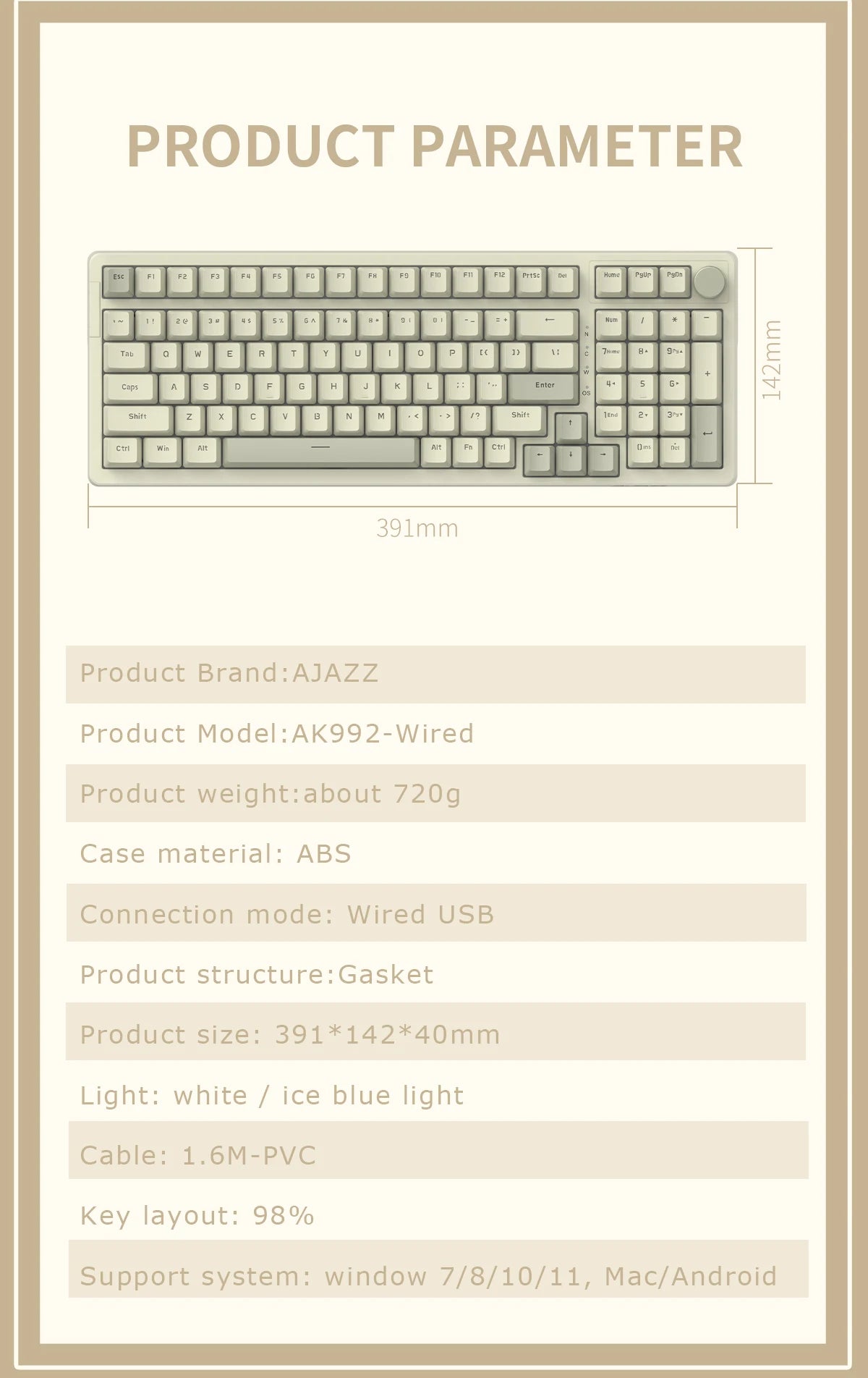Ajazz AK992 Wired Mechanical Keyboard 98-Key Full Layout  Hot-Swap USB Gaming keyboard Multimedia Key Knob for Desktop PC Laptop