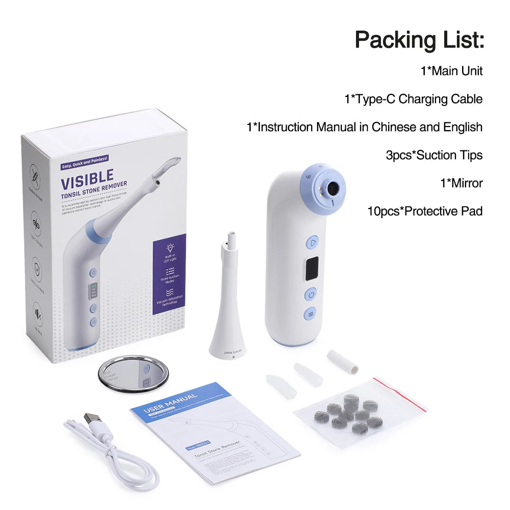 Vacuum Visual Electric Tonsil Stone Remover Oral Irrigator&Tongue Coating Scraper Built-In LED light 8 Suction Anti Bad Breath