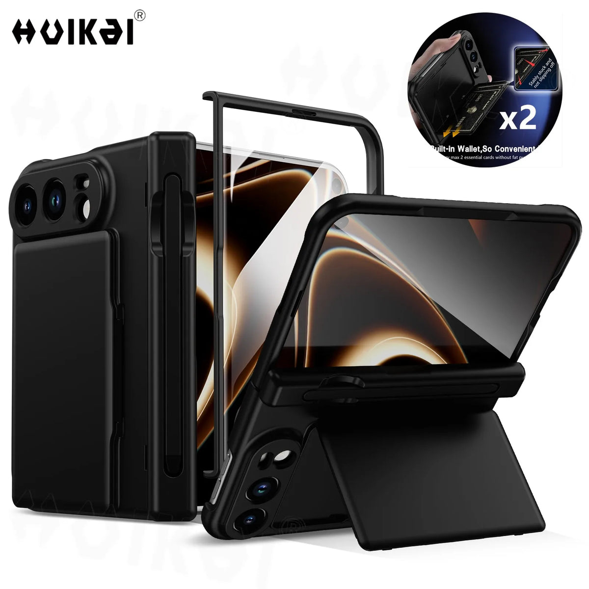 Card Holder Wallet Case For Apple iPhone Duo Kickstand Pen Slot Glass Screen Protector Hinge Shockproof Protective Phone Cover