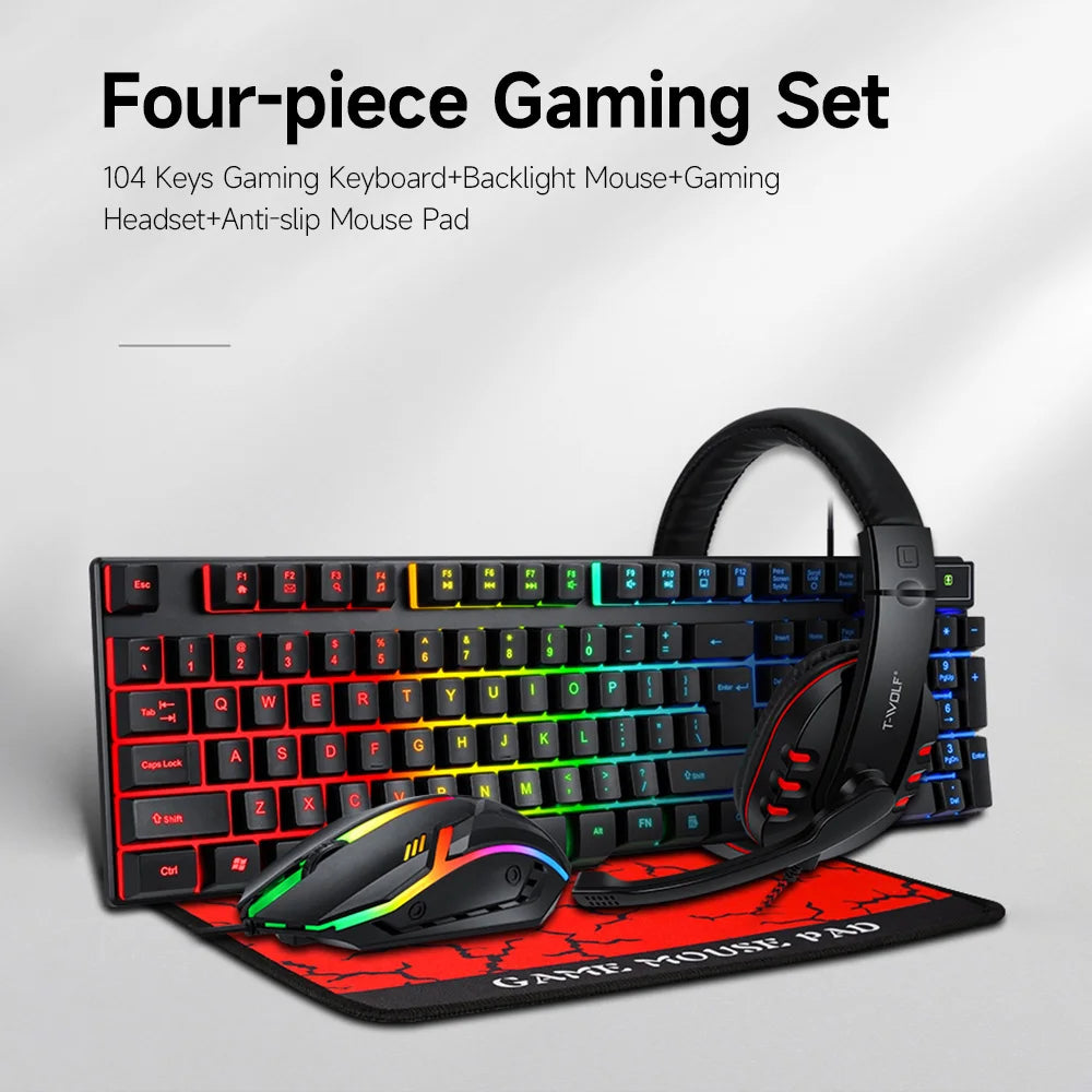 Gaming Keyboard 104 Keys & Gaming Mouse Controller 4-color Breathing Light Mouse 3.5mm Gaming Headset Anti-slip Mouse Pad Combo