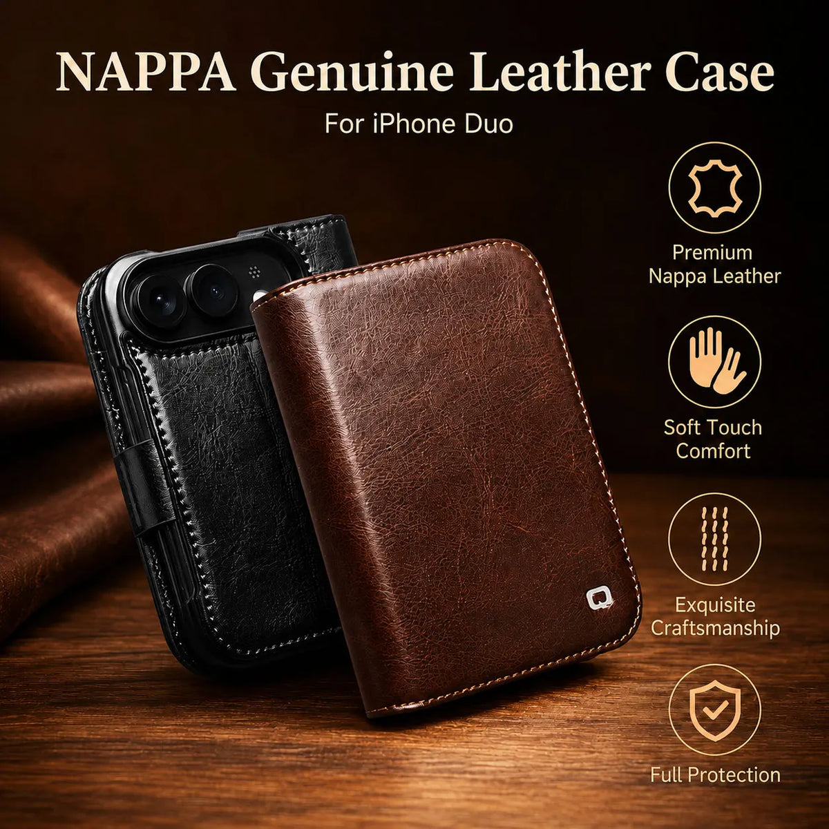 For iPhone Duo Luxury NAPPA Genuine Leather Magnetic Flip Case with MagSafe Premium Cowhide Business Cover For iPhone 18 Ultra