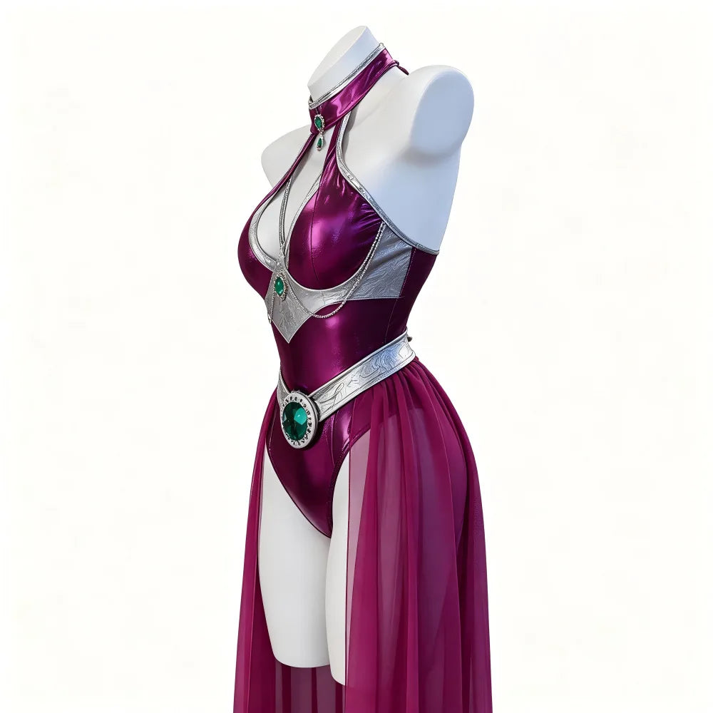 Womens Halloween Costume Shiny Metallic Purple Bodysuit Set Halter Jumpsuit With Long Chiffon Cape Halloween Party Fancy Costume