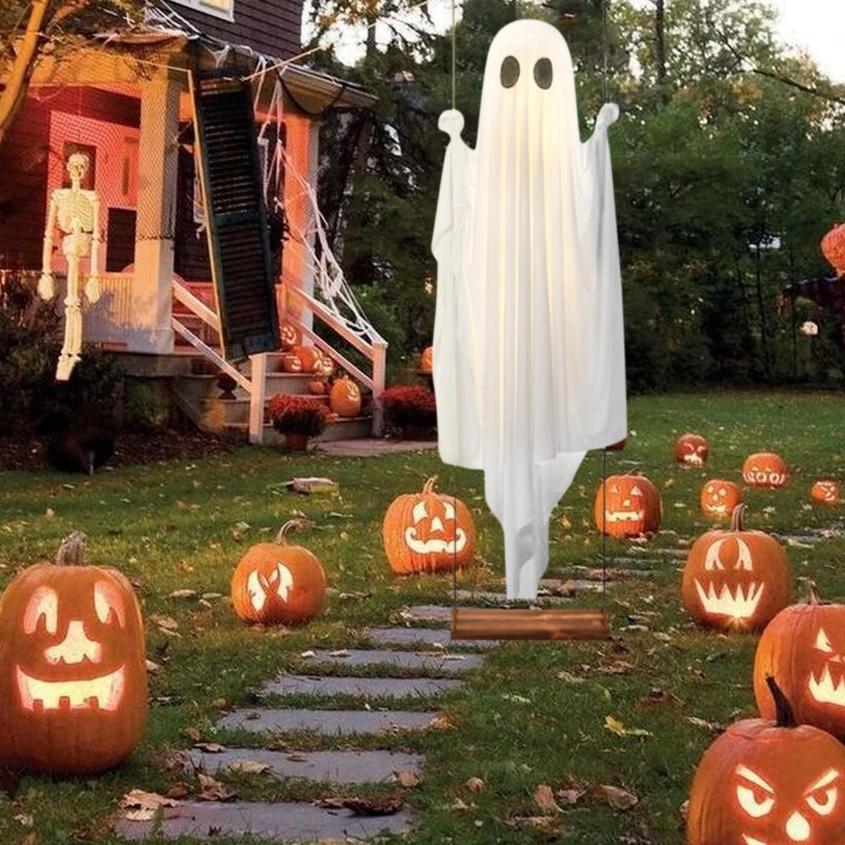 Hanging Swing Ghost Halloween Decoration Cute White Ghost with String Light Spooky Ghost Ornament for Porch Yard Trees