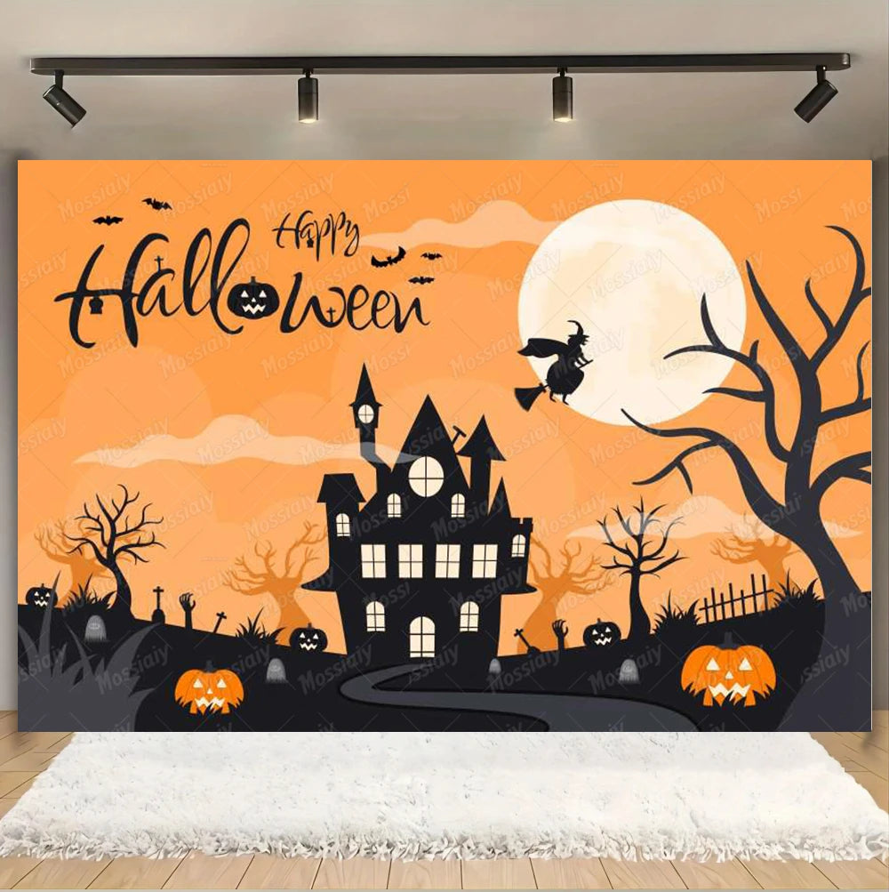 Horror Halloween Photography Background Moon Night Castle Forest Pumpkin Lantern Skeleton Family Party Photo Backdrop Decoration