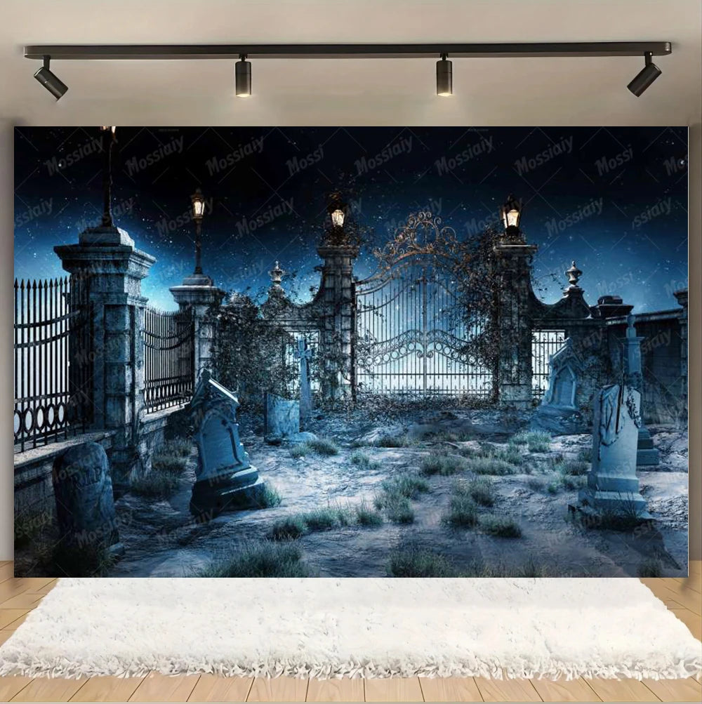 Horror Halloween Photography Background Moon Night Castle Forest Pumpkin Lantern Skeleton Family Party Photo Backdrop Decoration
