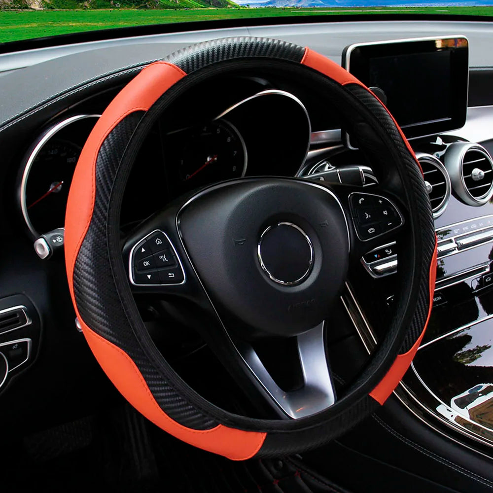 Universal Fit PU Carbon Fiber Leather Car Steering Wheel Cover 14.5-15 Inch No Inner Ring Required Vehicle Decoration Accessory