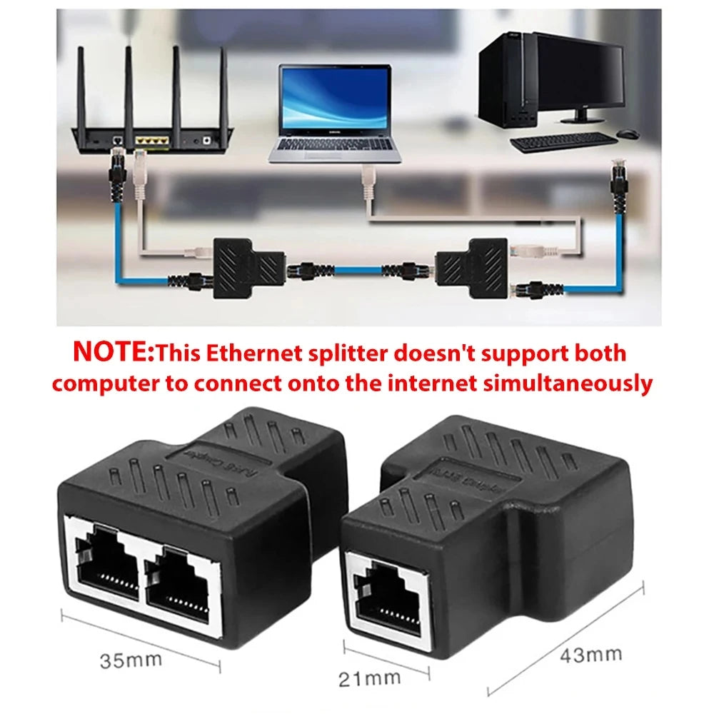 One To Two Adapter For Ethernet Cable Splitter Rj45 8P8C PC Version Simultaneous Internet Access IPTV Broadband Three Way Conn