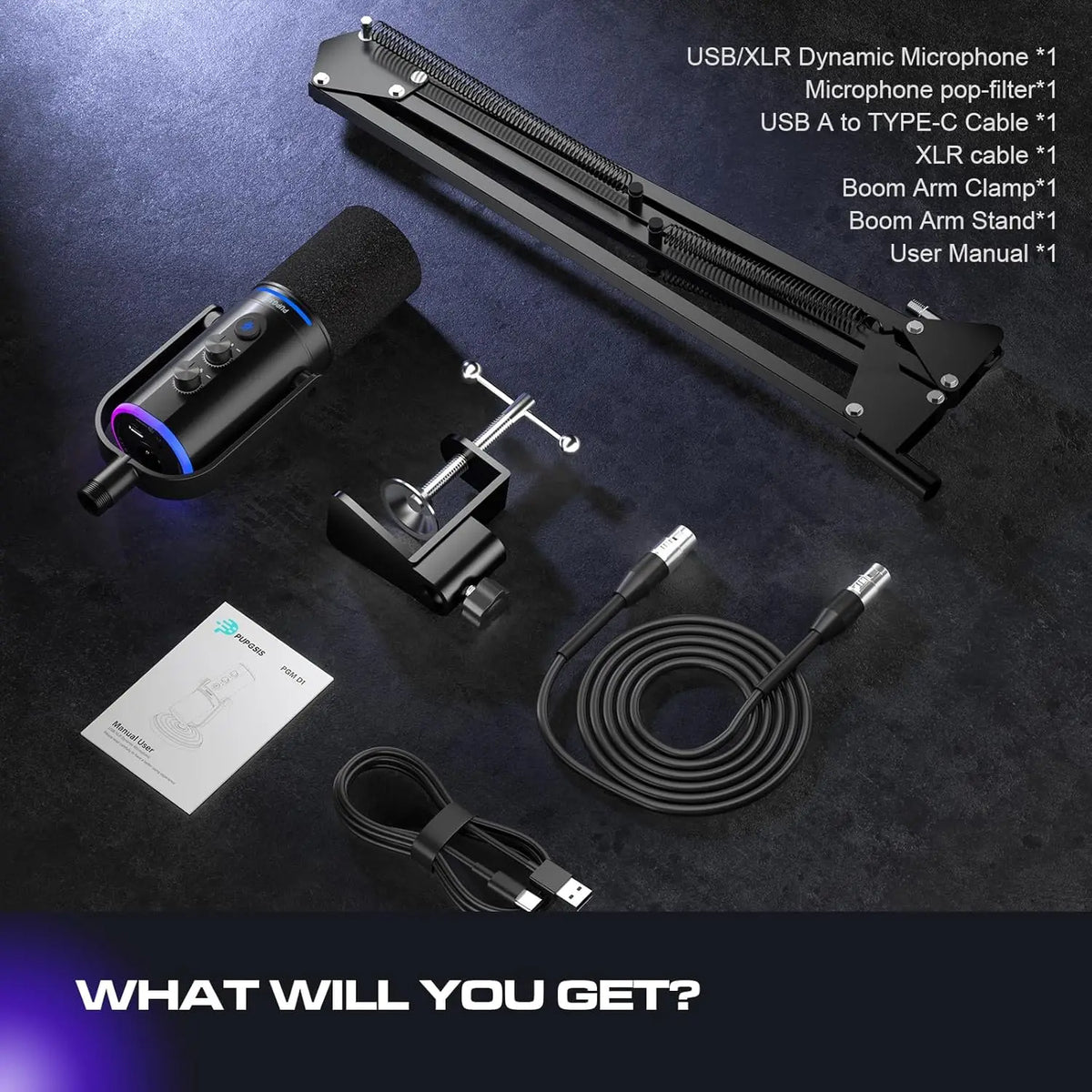 XLR/USB Gaming Microphone Kit: Dynamic PC Mic for Streaming Podcasting,  Mute Button, Reverb Effects, RGB Computer Mic with Arm