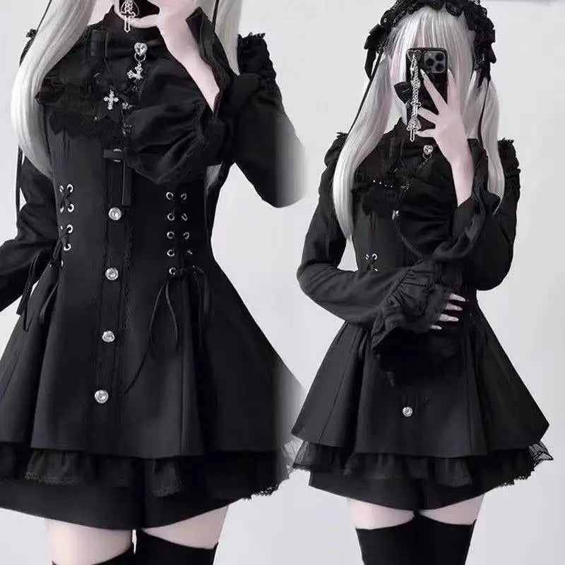 Y2k Aesthetic Lolita Style Bow Dress Shorts Set Japanese Women Gothic Lace Flare Sleeve Button Shirt Dress Punk Party Mini Dress