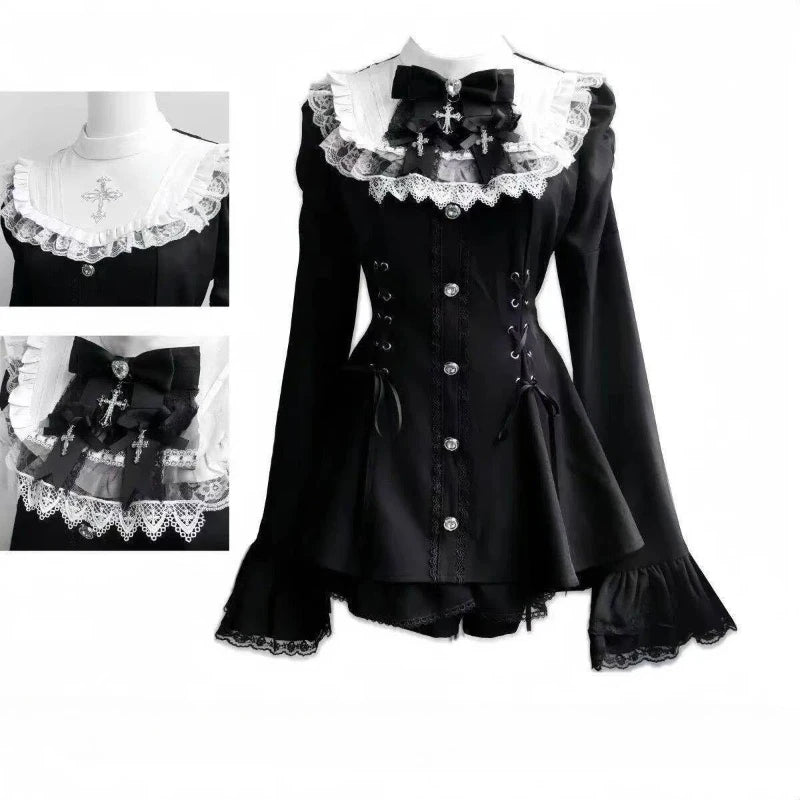Y2k Aesthetic Lolita Style Bow Dress Shorts Set Japanese Women Gothic Lace Flare Sleeve Button Shirt Dress Punk Party Mini Dress