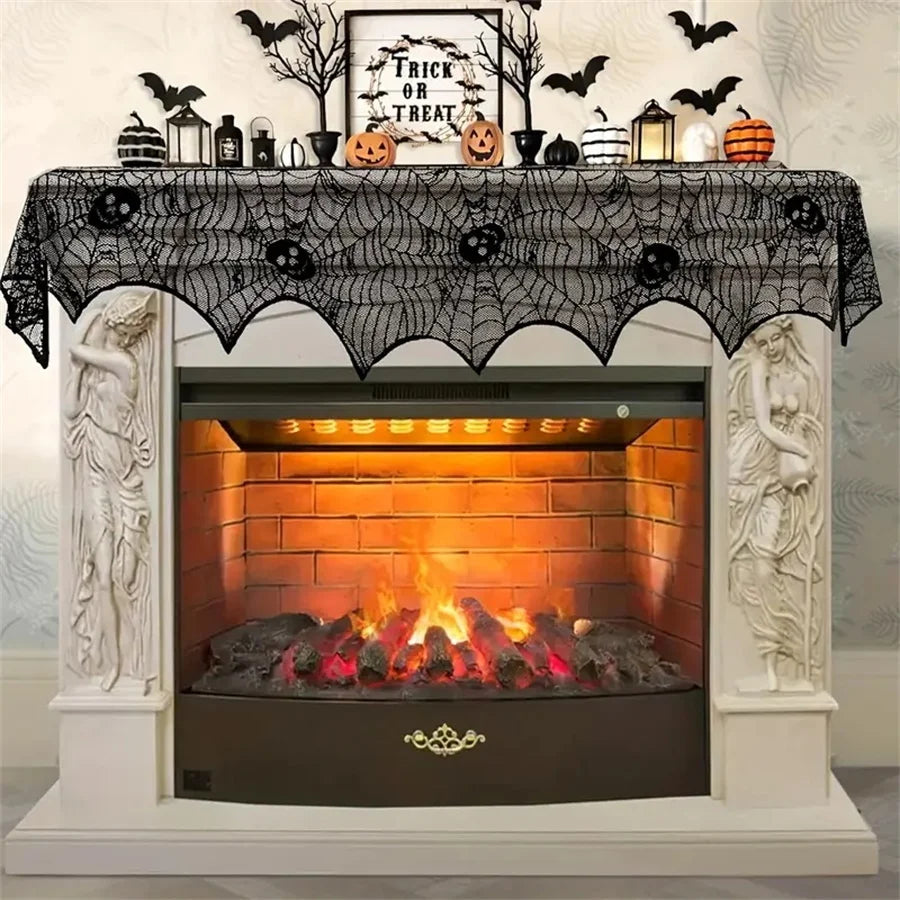 1pc Halloween Lace Mantel Scarf Spider Web Ghost Edge Fireplace Table Runner Decor, Party Atmosphere Decorative Tablecloth