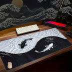 Tai Chi Koi Patterned Gaming Mouse Pad Non-Slip Rubber Base Precision Stitched Edges Waterproof Rectangular Desk Mat Office Game