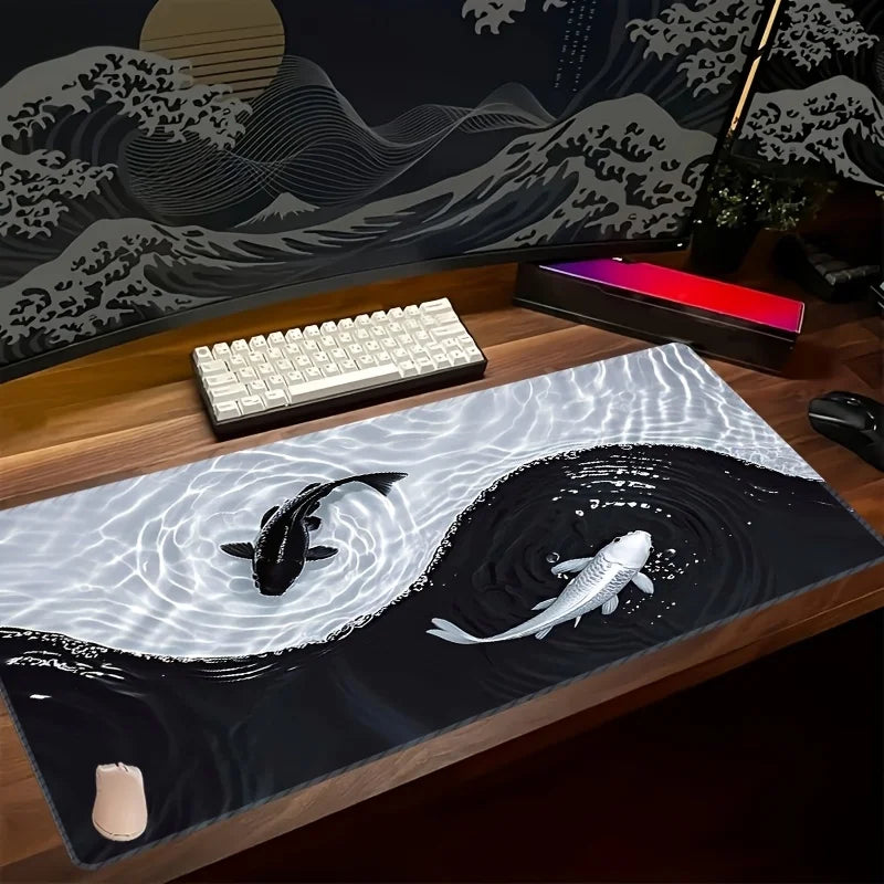 Tai Chi Koi Patterned Gaming Mouse Pad Non-Slip Rubber Base Precision Stitched Edges Waterproof Rectangular Desk Mat Office Game