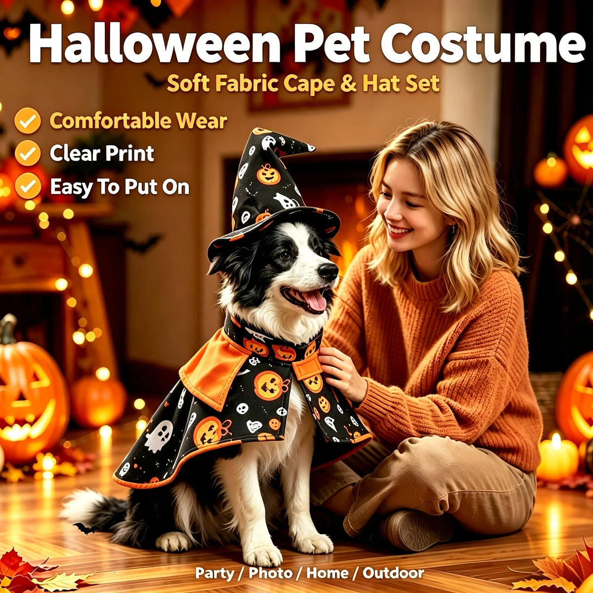 Halloween Pet Costume Cat Pumpkin Cloak Wizard Hat Set Fun Wizard Printing Craft Festive Atmosphere Party Dressing Photography