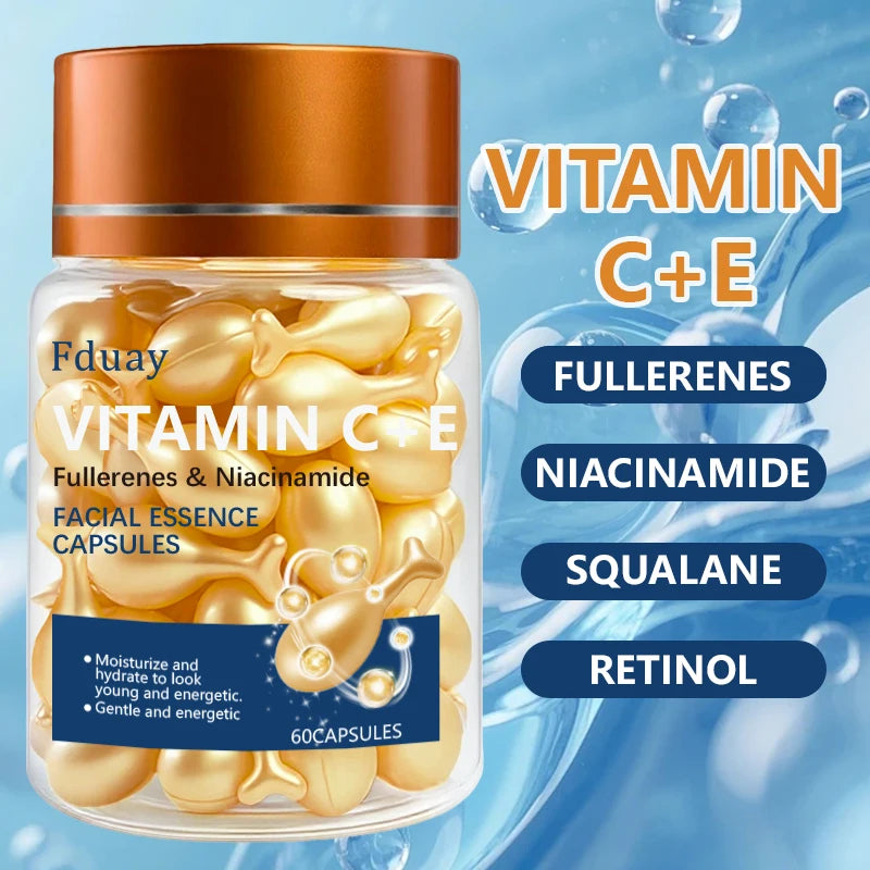 Vitamin C+E Serum Capsules, Single-Use Essence Capsules, Hydrating and Moisturizing Facial Skin 60 Capsules/Bottle - 1 Bottle