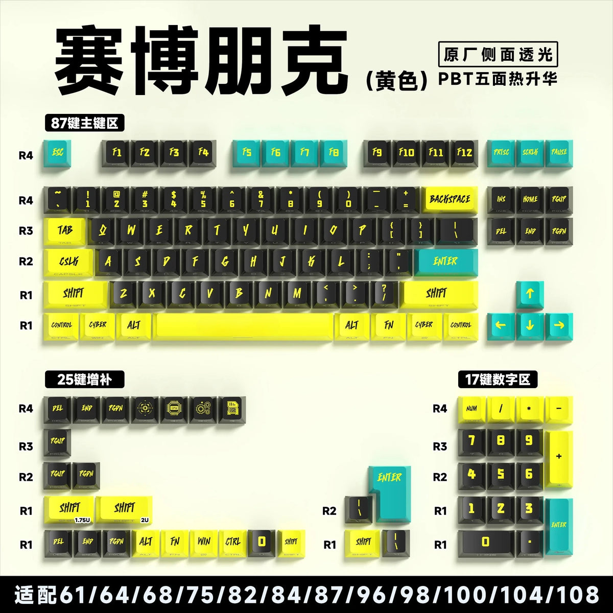 Personalized Keycap Set PBT 129 Key Side Engraved Translucent Keyboard Keychain Compatible with/64/84/98/108 Mechanical Keyboard