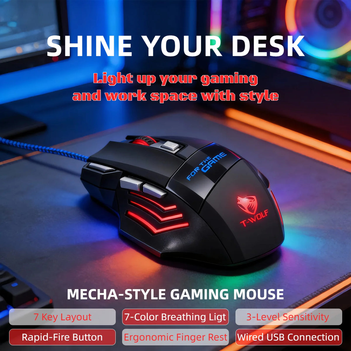 Wired Gaming Mouse 7 Buttons RGB Backlit Mouse Fire Button 2400 DPI Adjustable Ergonomic Optical Mouse for PC Laptop Gamer Professional