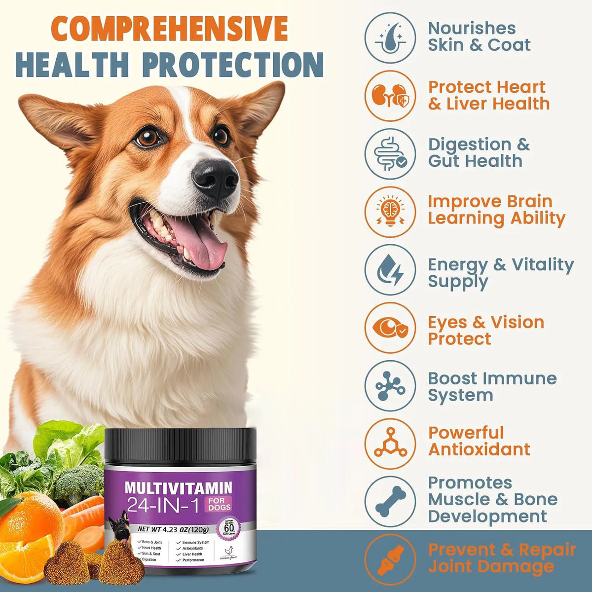 24-in-1 Dog Vitamins and Supplements Multivitamin Chewable for Dog Skin Coat Heart Joint Gut Liver Brain Eyes Immune Support
