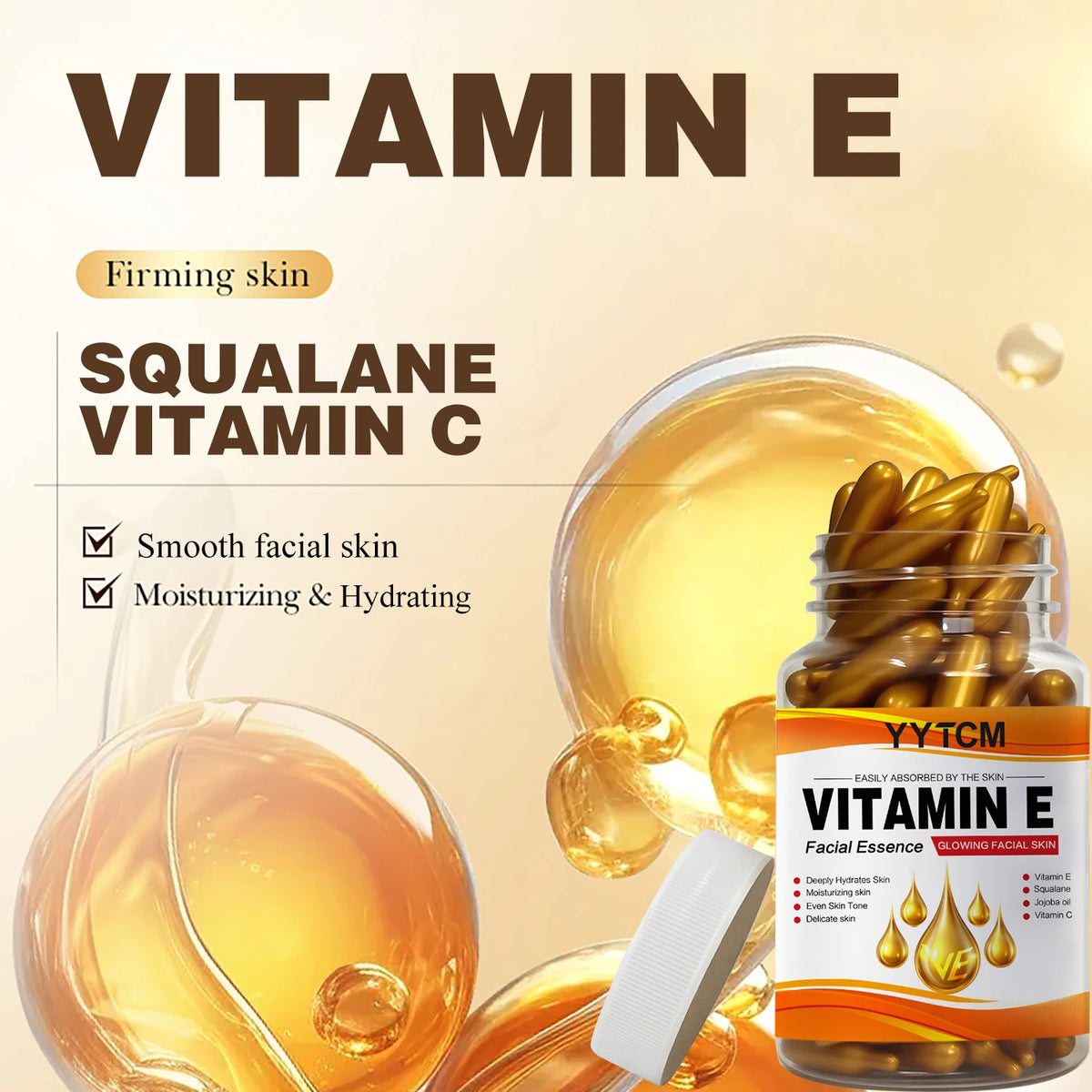 Vitamin E Deep Moisturizing Capsule Essence, Hydrates and Smooths Skin, Contains Plant-Based Squalane, Vitamin C, Deep Hydration and Brightening Skin Essence, 18 Capsules/30 Capsules/48 Capsules/60 Capsules/90 Capsules/120 Ca