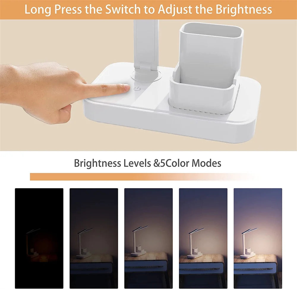 LED Desk Lamp USB Dimmable Touch Foldable Table Lamp with Calendar Temperature Clock Night Light for Study Reading Lamp