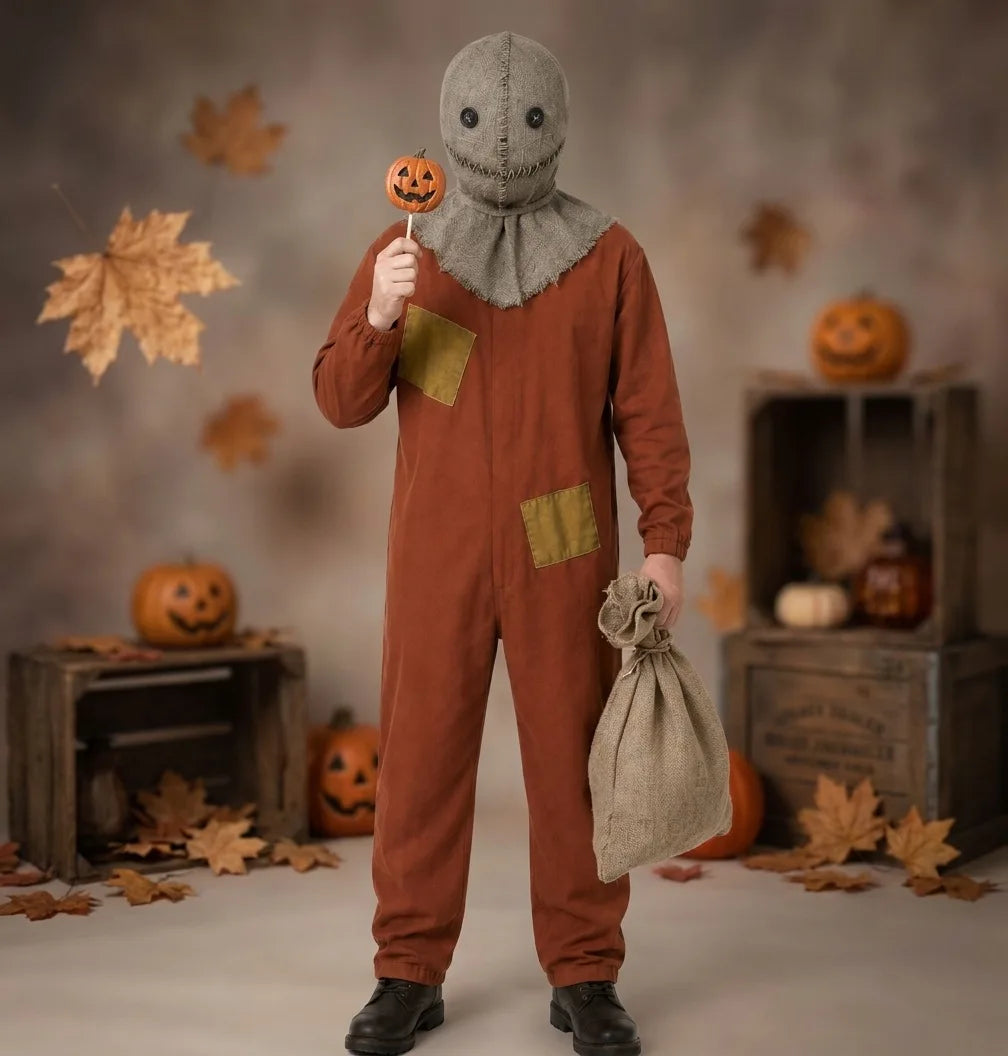 Halloween Scarecrow Sam Cosplay Costume 3‑Pcs Jumpsuit Mask Sack Trick or Treat Horror Role‑Play Outfit for Party Sam in Stock