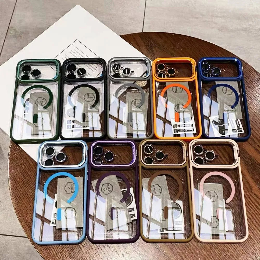 Luxury Bracket Stand Magnetic Phone Case for iPhone 18 Pro 17 16 Plus 15 14 13 12 Pro Max With Lens Protector Cover for Magsafe