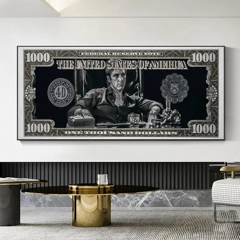 1PC frameless Classic Movie, Scarface Tony Montana Dollar Wall Art, HD Canvas Print Poster, Home, Living Room, Room Decor Painti