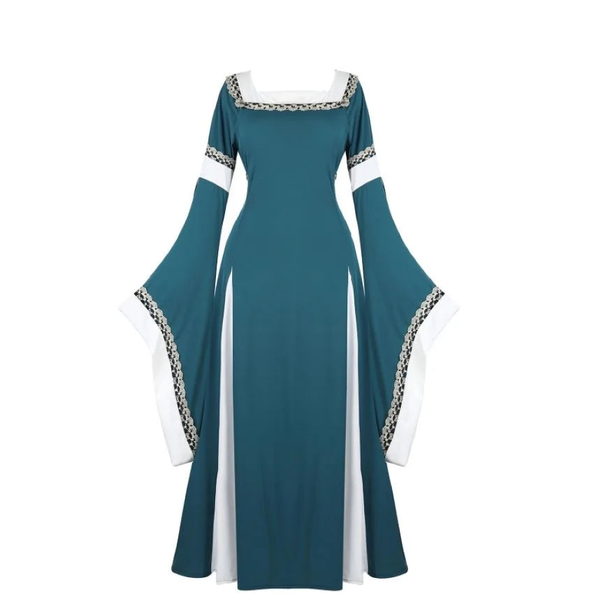 Women Medieval Renaissance Trumpet Sleeve Retro Loor Length Gown Lace Trim Irish Over Long Dress Halloween Costume Plus Size