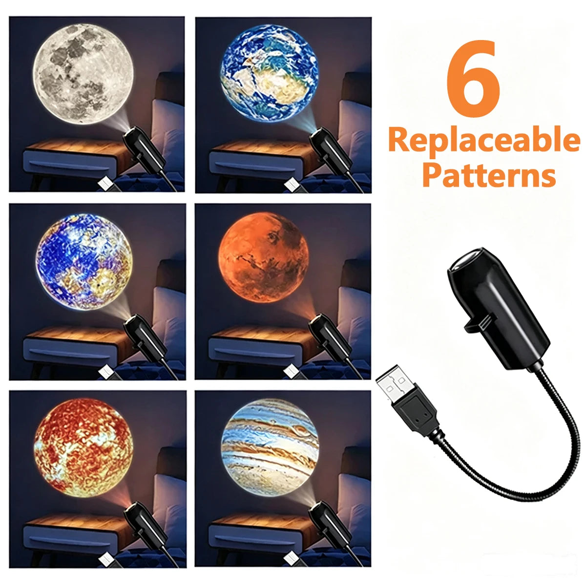 USB Starry Sky Projector Lamp 360° Rotatable Flexible Hose Planet Galaxy Projection Light with 17/12 Pcs Film Slides Bedroom