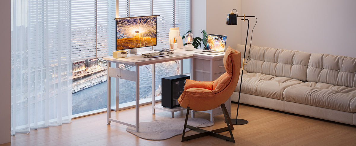 Coleshome Corner Desk, 100X70Cm Desk L Shape with 4 Drawers, Reversible Computer Gaming Desk for Office Study Bedroom, White