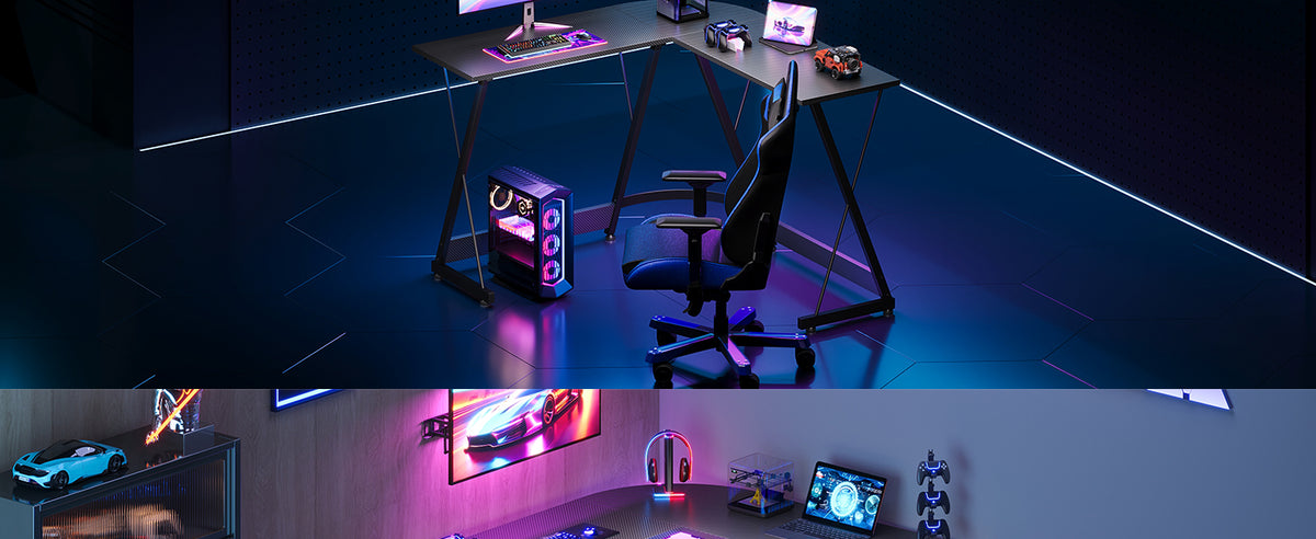 Coleshome Gaming Table 120x120 cm Gaming desk L Shape Stable Carbon Fiber Black