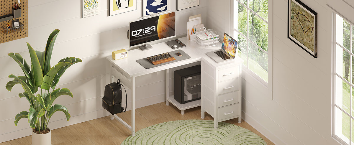 Coleshome Corner Desk, 100X70Cm Desk L Shape with 4 Drawers, Reversible Computer Gaming Desk for Office Study Bedroom, White