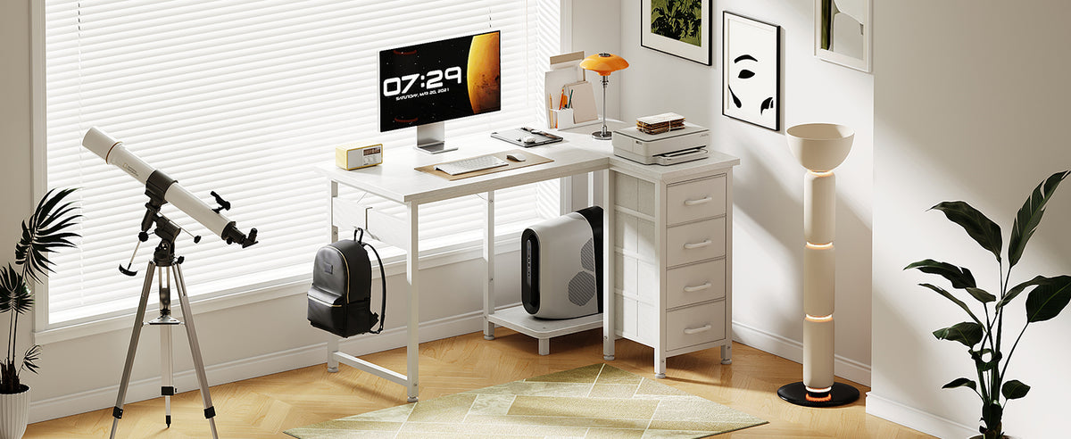 Coleshome Corner Desk, 100X70Cm Desk L Shape with 4 Drawers, Reversible Computer Gaming Desk for Office Study Bedroom, White