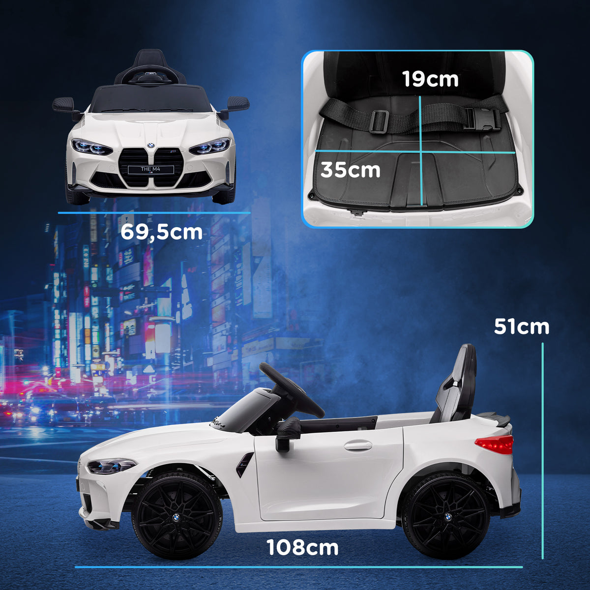 Battery Car for Children 12V Bmw M4 with Headlights Horn Music Speed 3-5 Km/H White