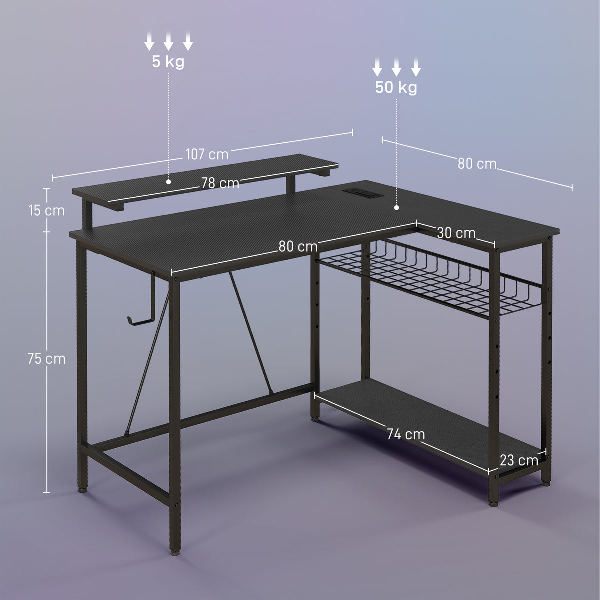 HOMCOM Desk angle reversible LED 2 sockets and 2 USB ports, 107x80cm, computer Desk with shelf, screen holder, basket adjustable and remote control, to study working bedroom, Black